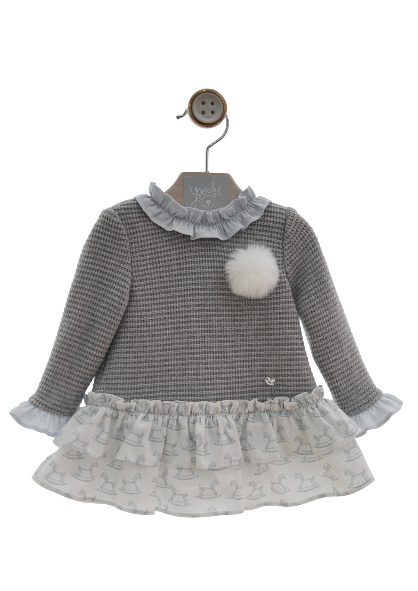 Grey Knit Dress with Ruffles and Pompom 24M / Grey Sky Blue